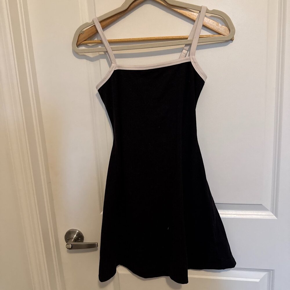 Black Slip Dress with White Trim & Open Back, Size S